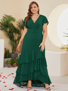 Women Plus Size Elegant V-neck Ruffle Bridesmaid Dresses Mother of Bridal Party Maxi Dress