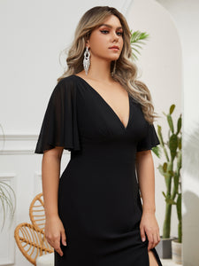 Women Plus Size V-neck Short Ruffle Sleeve Long Chiffon Maxi Evening Dresses
