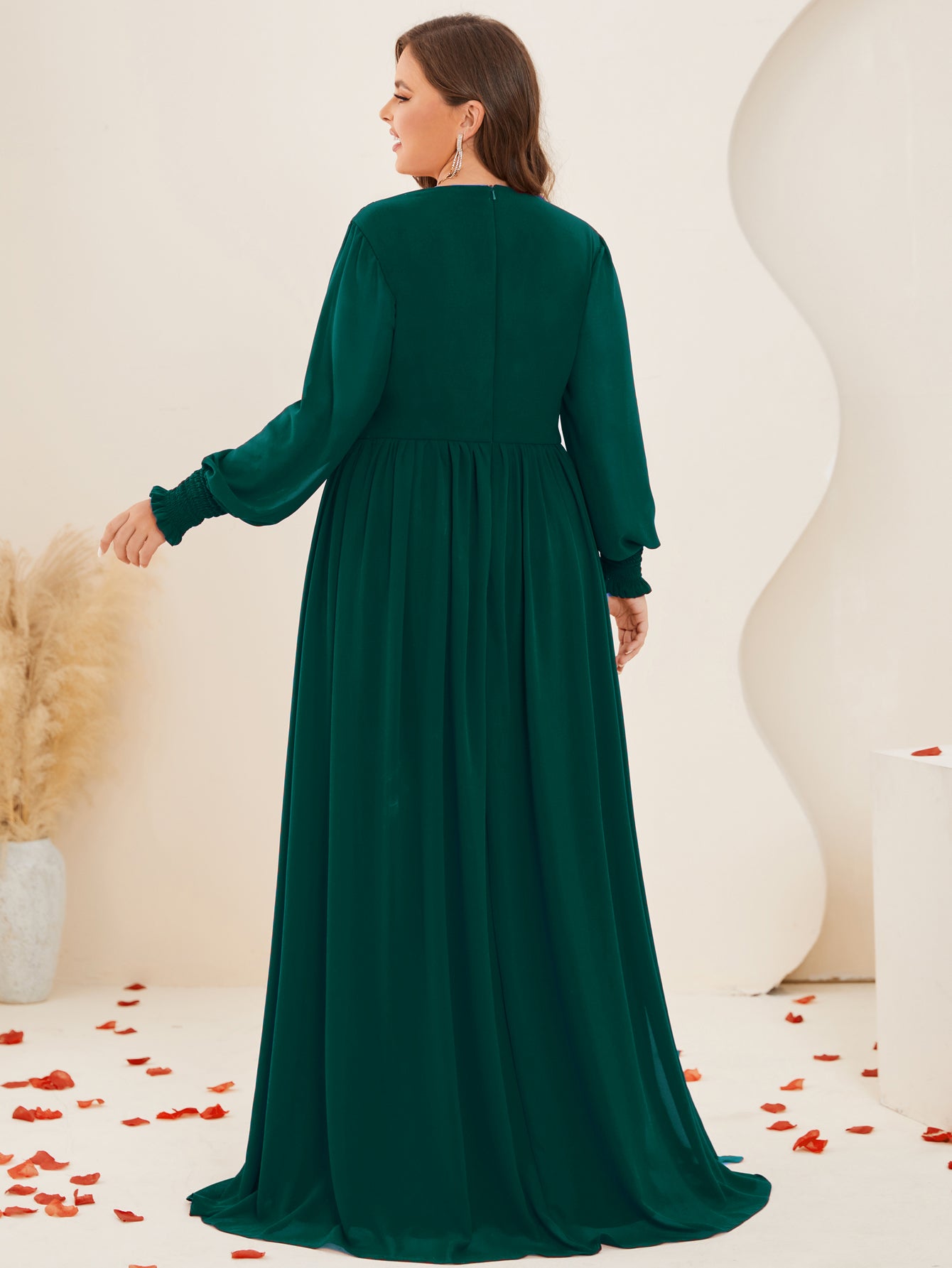 Women Plus Size V-neck Chiffon Long Sleeve Evening Dresses for Bridesmaid Party