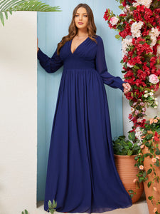 Women Plus Size V-neck Chiffon Long Sleeve Evening Dresses for Bridesmaid Party