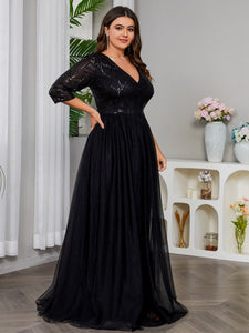 Women Plus Size V-neck Long Sleeve Sequins & Mesh Evening Dresses