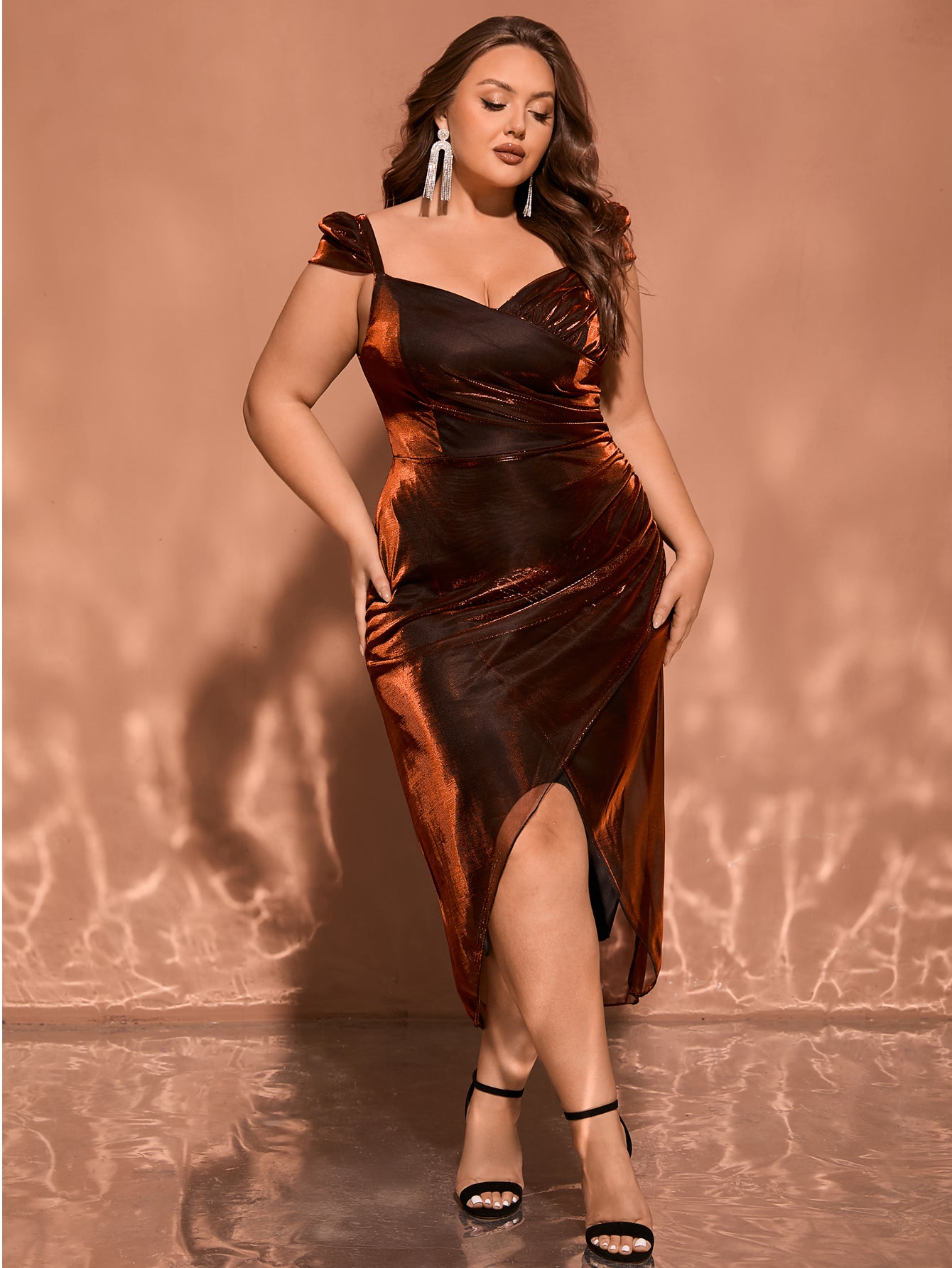 Women Plus Size V-neck Shinning Evening Dress Tea Length Semi-Formal