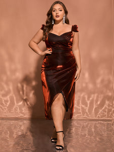 Women Plus Size V-neck Shinning Evening Dress Tea Length Semi-Formal