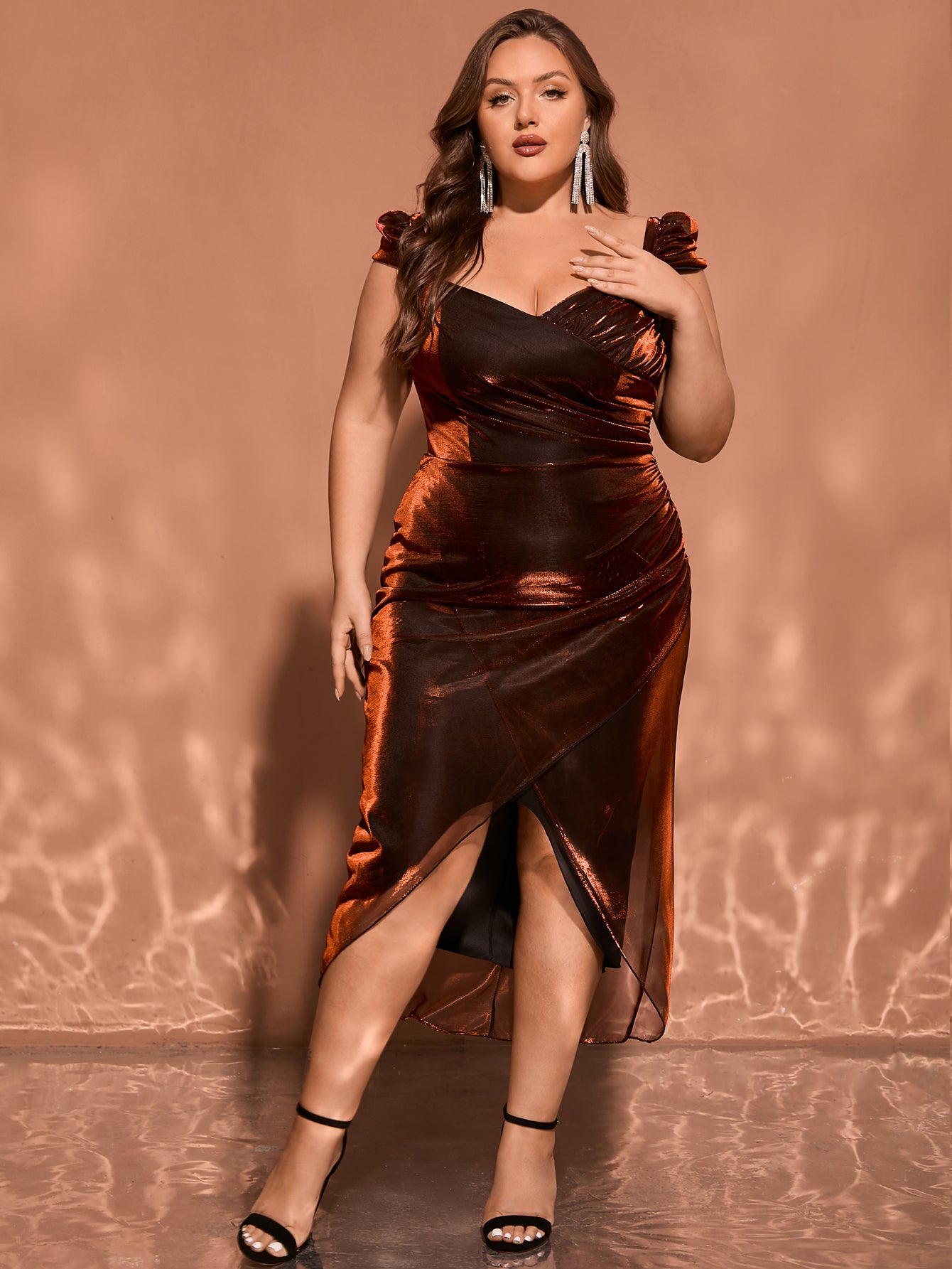 Women Plus Size V-neck Shinning Evening Dress Tea Length Semi-Formal