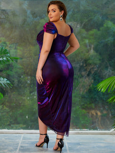Women Plus Size V-neck Shinning Evening Dress Tea Length Semi-Formal