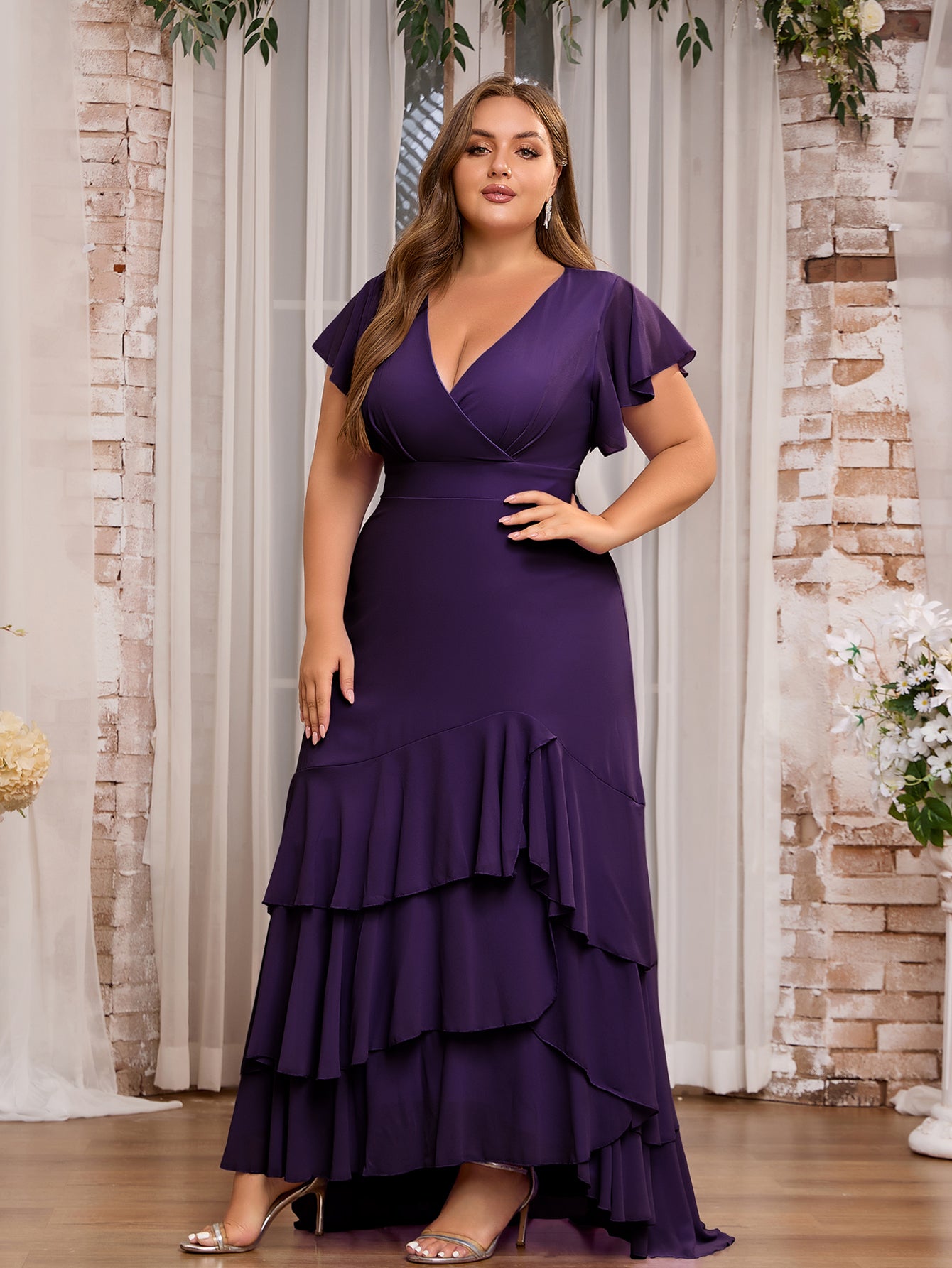Women Plus Size Elegant V-neck Ruffle Bridesmaid Dresses Mother of Bridal Party Maxi Dress