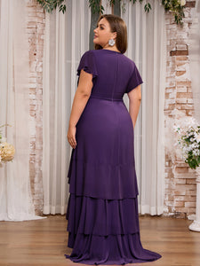 Women Plus Size Elegant V-neck Ruffle Bridesmaid Dresses Mother of Bridal Party Maxi Dress