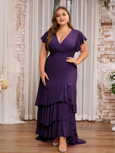 Women Plus Size Elegant V-neck Ruffle Bridesmaid Dresses Mother of Bridal Party Maxi Dress