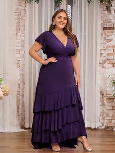 Women Plus Size Elegant V-neck Ruffle Bridesmaid Dresses Mother of Bridal Party Maxi Dress