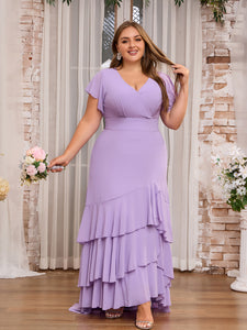 Women Plus Size Elegant V-neck Ruffle Bridesmaid Dresses Mother of Bridal Party Maxi Dress