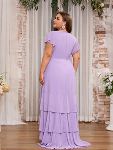 Women Plus Size Elegant V-neck Ruffle Bridesmaid Dresses Mother of Bridal Party Maxi Dress