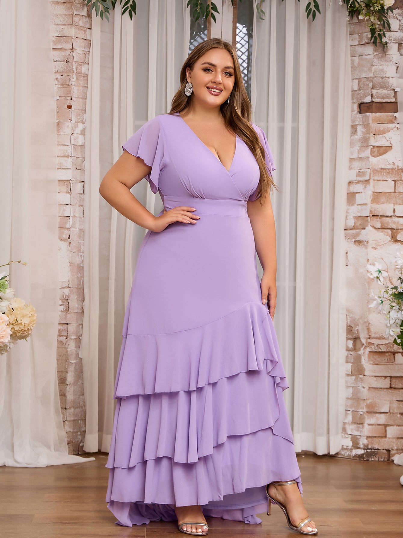 Women Plus Size Elegant V-neck Ruffle Bridesmaid Dresses Mother of Bridal Party Maxi Dress