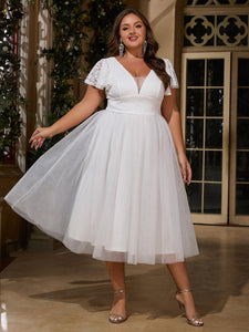 Women Plus Size Ruffle Sleeve V-neck Cocktail Party Dresses for Bridal Shower