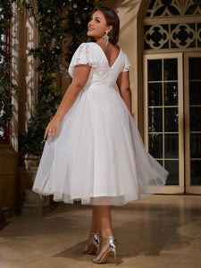 Women Plus Size Ruffle Sleeve V-neck Cocktail Party Dresses for Bridal Shower