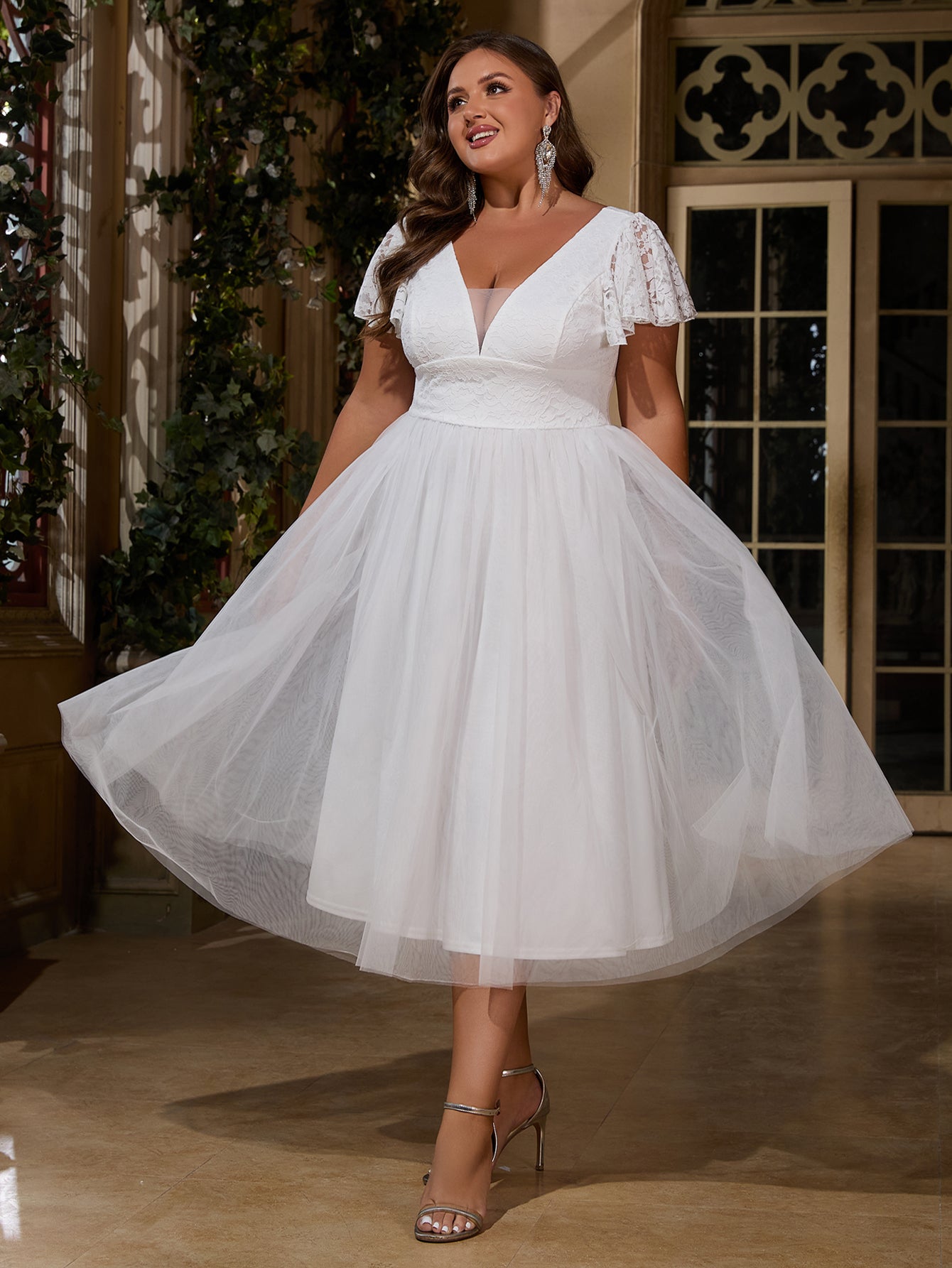 Women Plus Size Ruffle Sleeve V-neck Cocktail Party Dresses for Bridal Shower