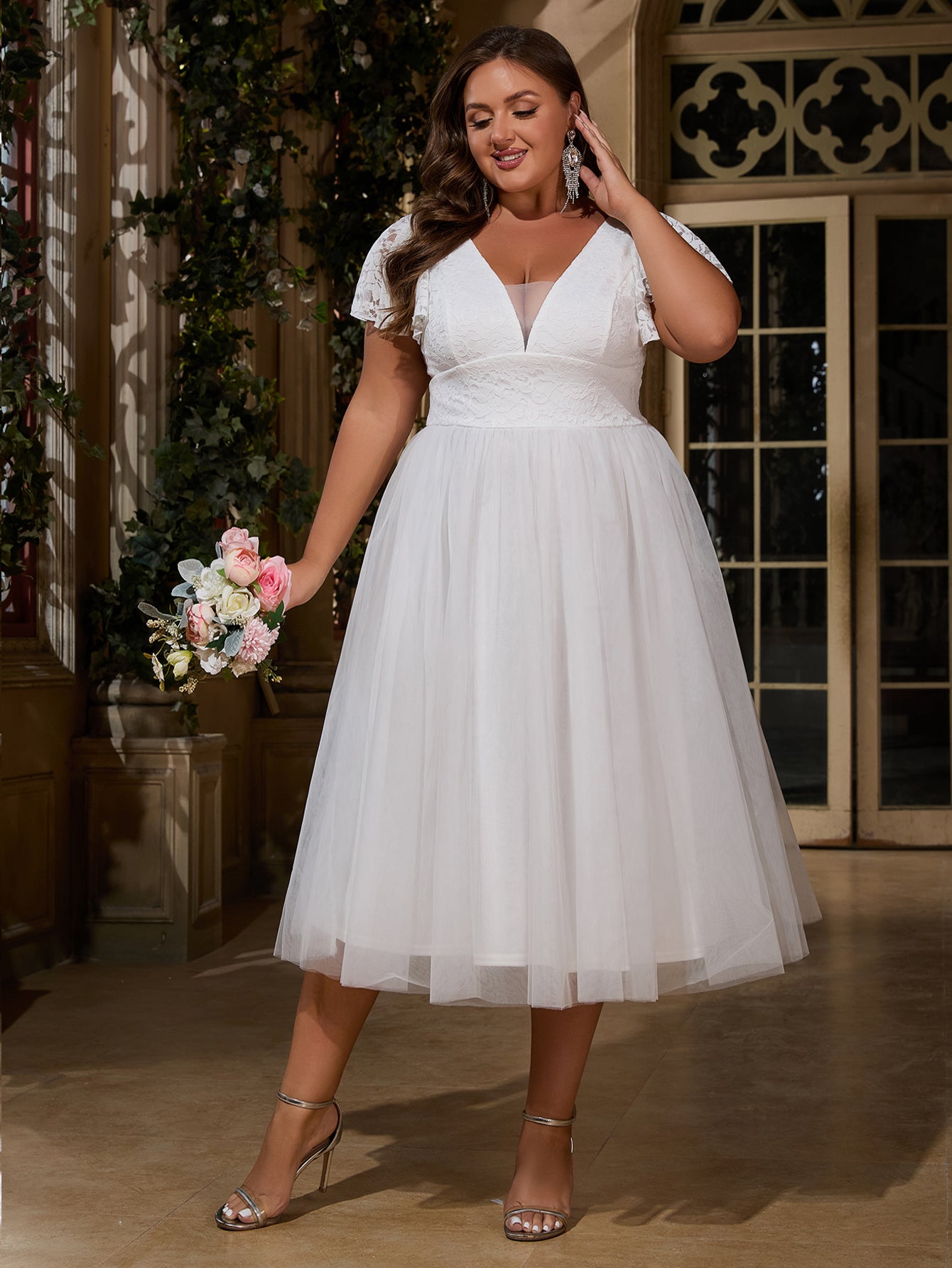Women Plus Size Ruffle Sleeve V-neck Cocktail Party Dresses for Bridal Shower
