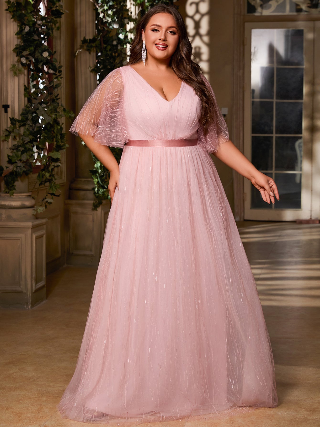 Women Plus Size V-neck Elegant Wedding Party Dresses for Bridal Shower Reception Backyard Wedding