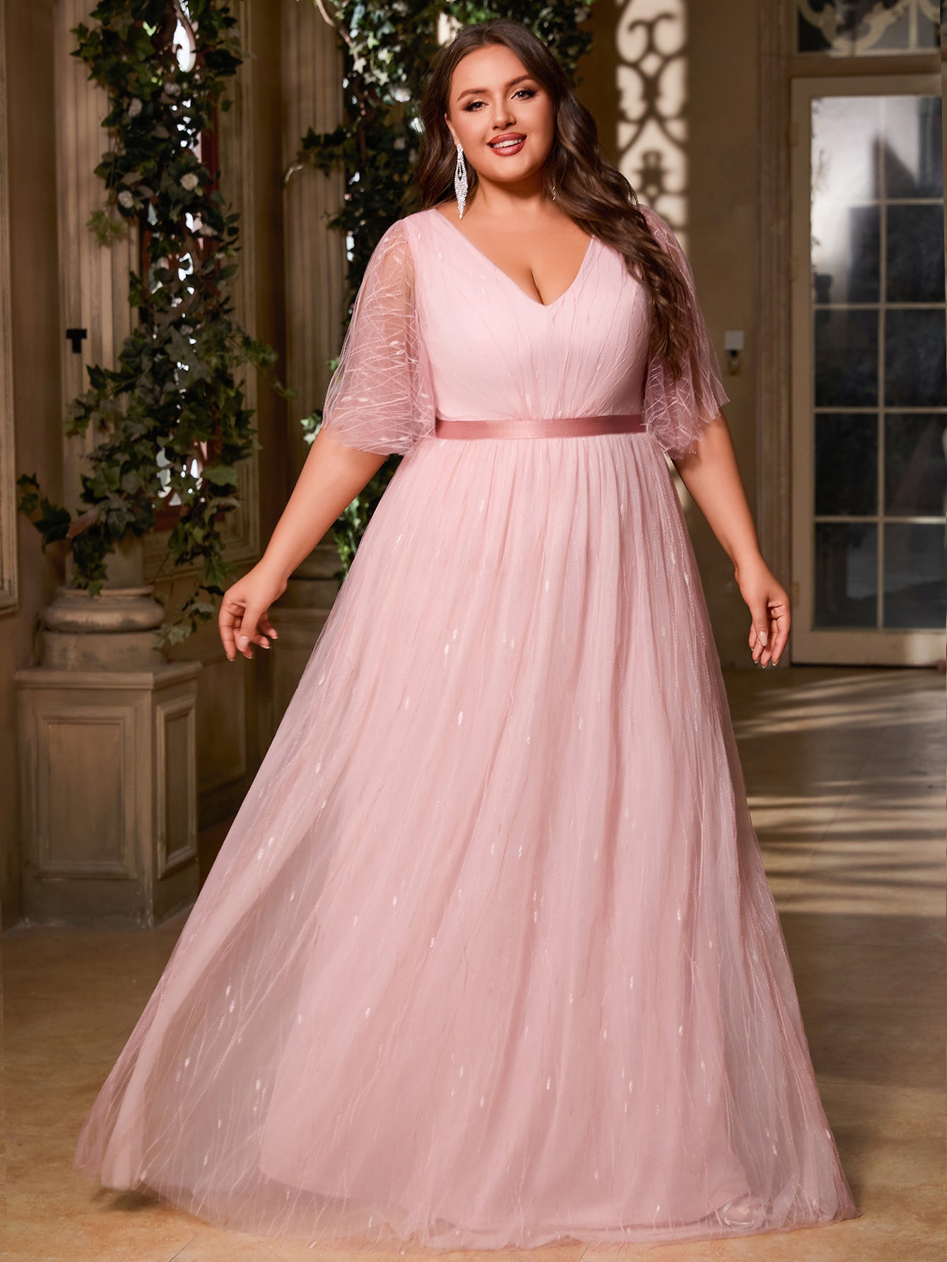 Women Plus Size V-neck Elegant Wedding Party Dresses for Bridal Shower Reception Backyard Wedding