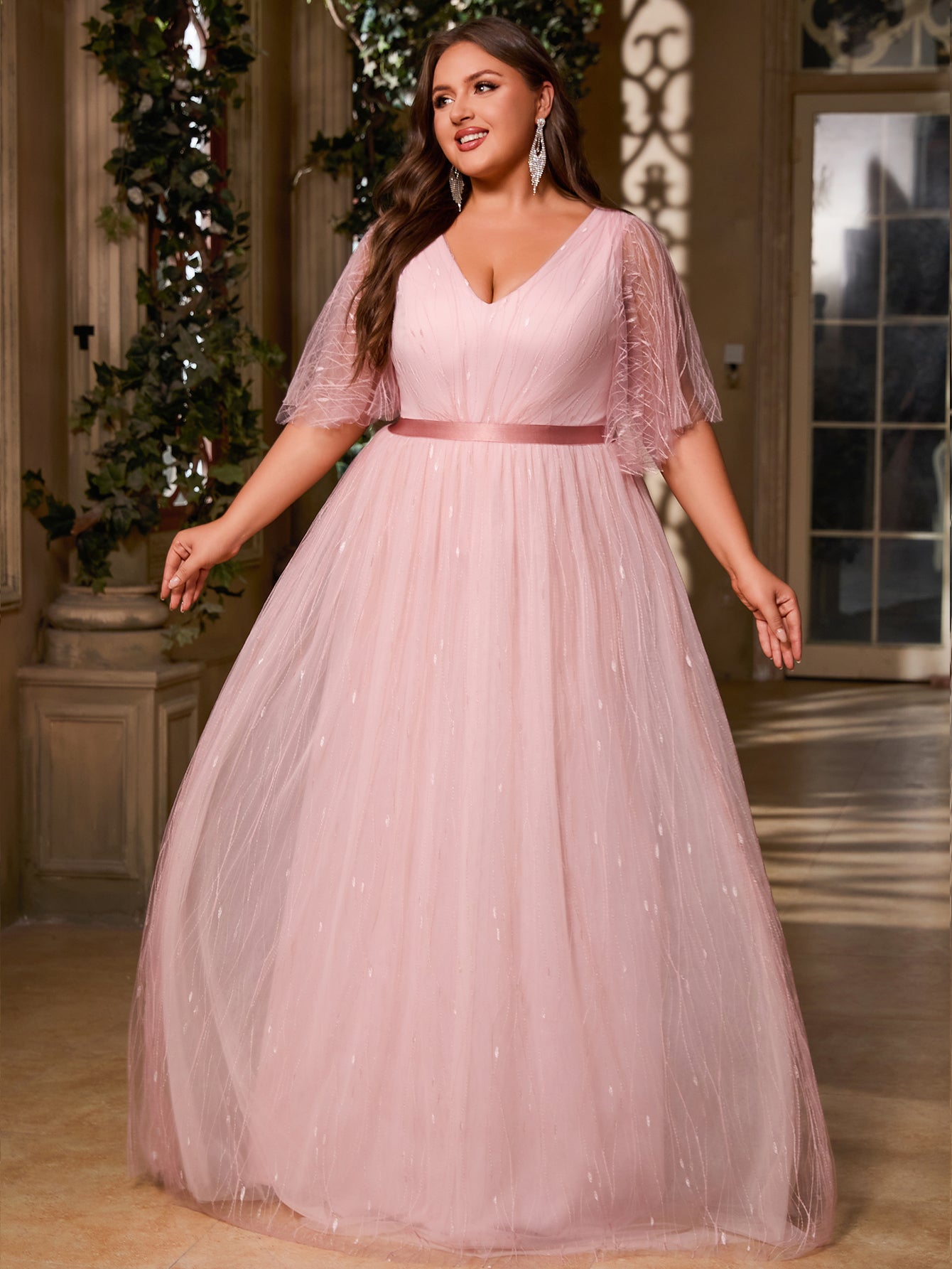 Women Plus Size V-neck Elegant Wedding Party Dresses for Bridal Shower Reception Backyard Wedding