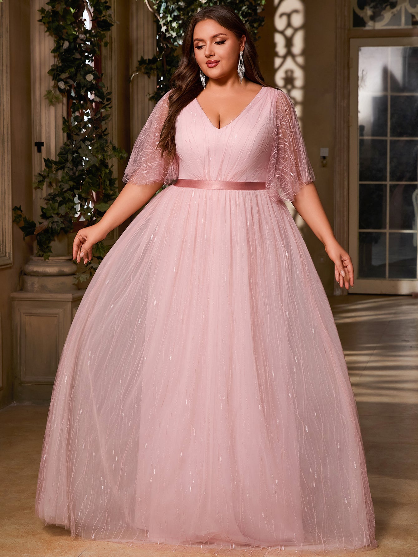 Women Plus Size V-neck Elegant Wedding Party Dresses for Bridal Shower Reception Backyard Wedding