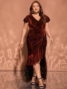 Women Plus Size V-neck Ruffle Sleeve Split Formal Evening Dress