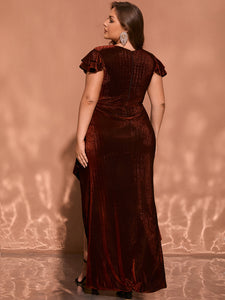 Women Plus Size V-neck Ruffle Sleeve Split Formal Evening Dress