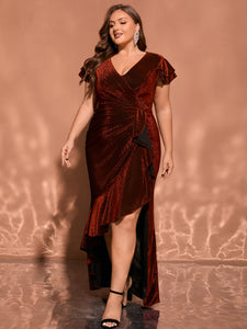 Women Plus Size V-neck Ruffle Sleeve Split Formal Evening Dress
