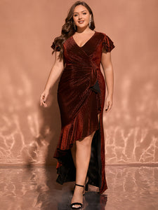 Women Plus Size V-neck Ruffle Sleeve Split Formal Evening Dress