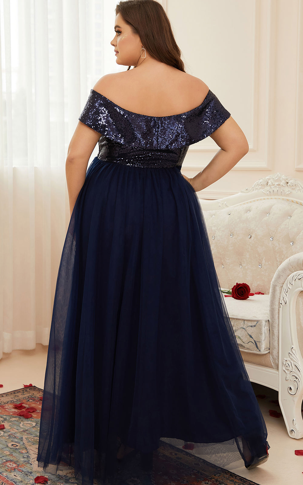 Plus Size Elegant Women Evening Dresses Long Formal Gowns Sequins Tulle Glitter Sexy Partywear Maxi Floor Length for Wedding Guest, Navy Blue, 0XL