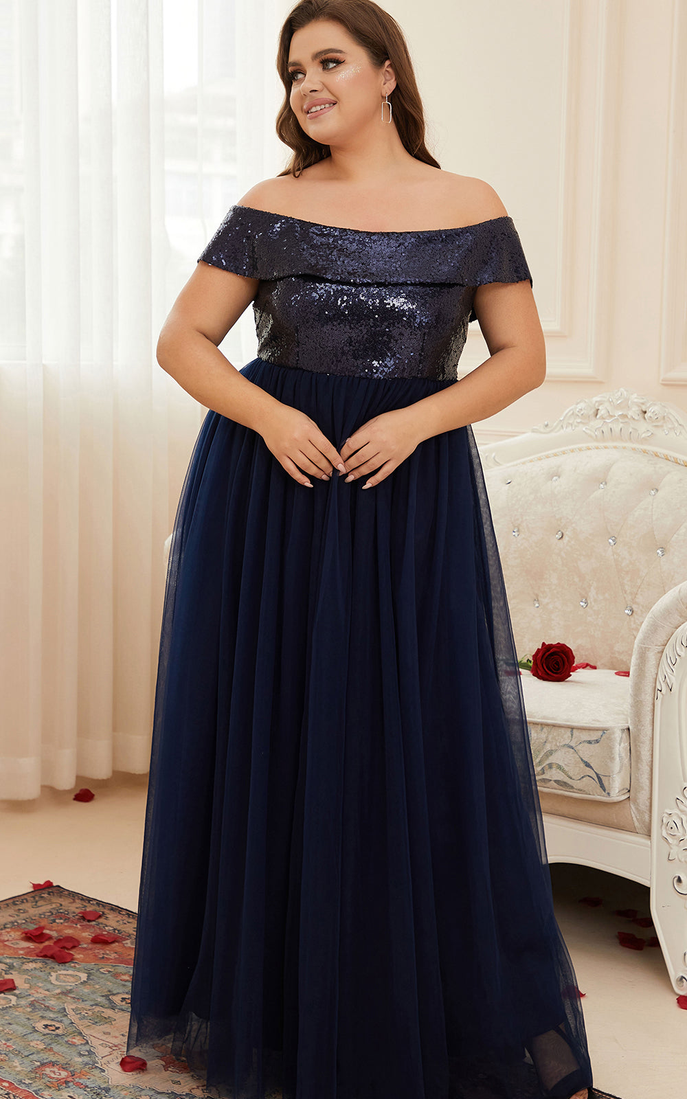 Plus Size Lady Sequin Tulle Formal Gowns Evening Bridesmaid Wedding Guest Dress Curve Prom Gowns Long Homecoming Graduation, Navy Blue, 1XL