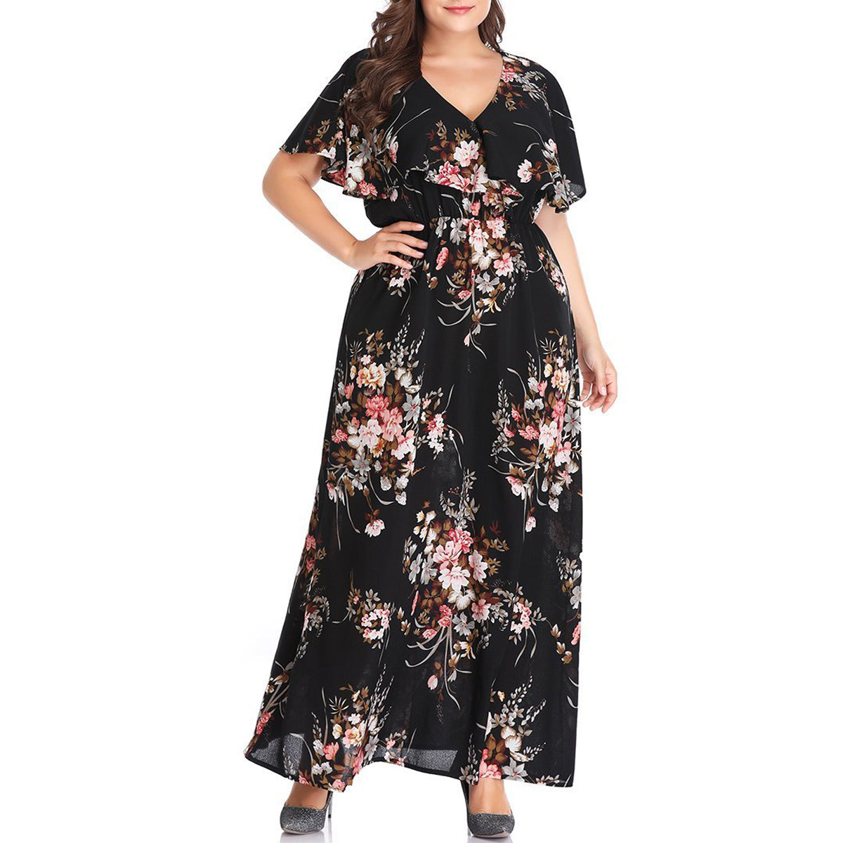 Women Black V-neck Floral Print Plus Size Maxi Dresses Evening Mother Dress Formal Party Cocktail Bridesmaid Mother of Bride Semi-Formal Beach Wedding Little Black Vacation Dress,21532,1X