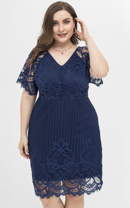 Women Summer Plus Size Navy Blue Cocktail Dress Floral Lace Midi V-neck Knee Length Bodycon Wedding Guest Dresses
