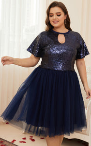 Plus Size Sparkle Sequin Dresses Bestidos Sexy A-Line Tulle Eyelet Elegant Party Evening Party Dresses Knee Length Semi-Formal Gowns, Navy Blue, 2XL