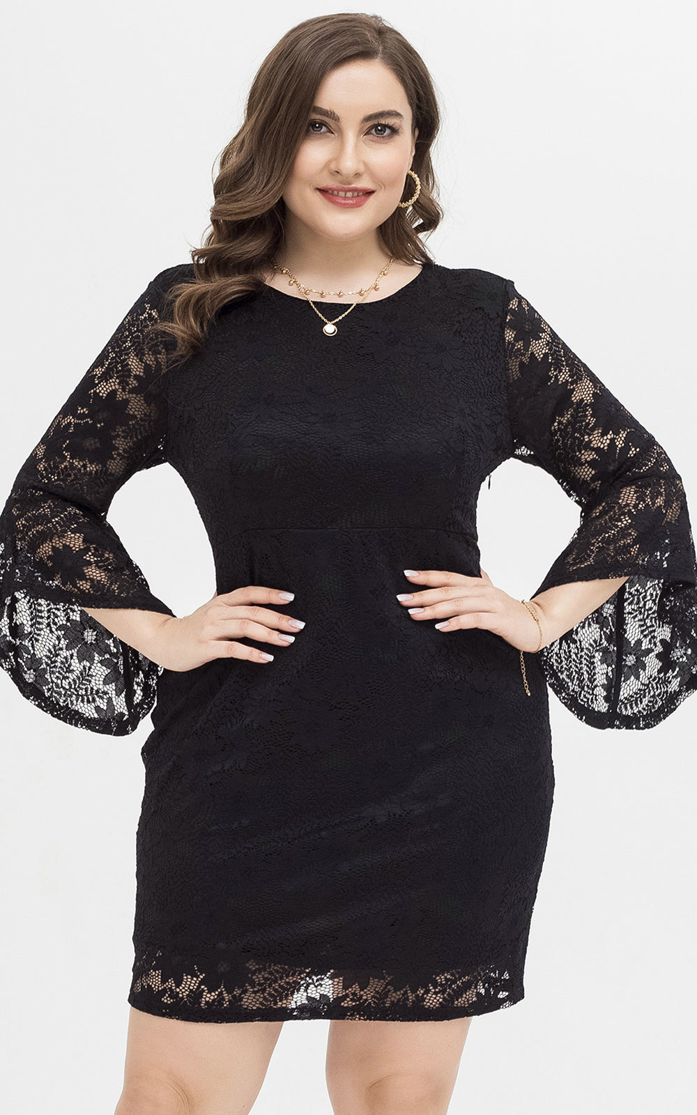 Women Plus Size Long Sleeve Floral Lace Cocktail Party Dresses Little Black Dress