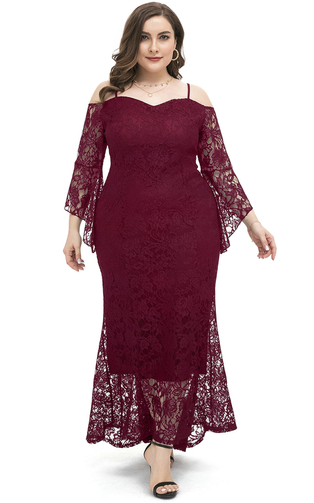 Plus Size Women Maxi Evening Dresses Cold Shoulder Bell Sleeve Lace Overlay Dress