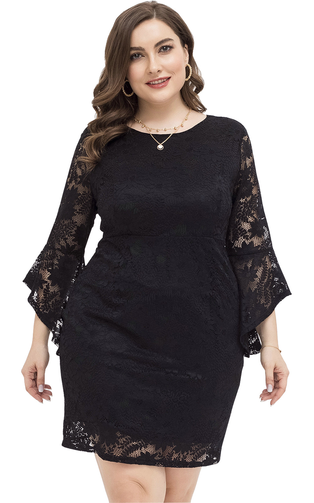 Women Plus Size Long Sleeve Floral Lace Cocktail Party Dresses Little Black Dress