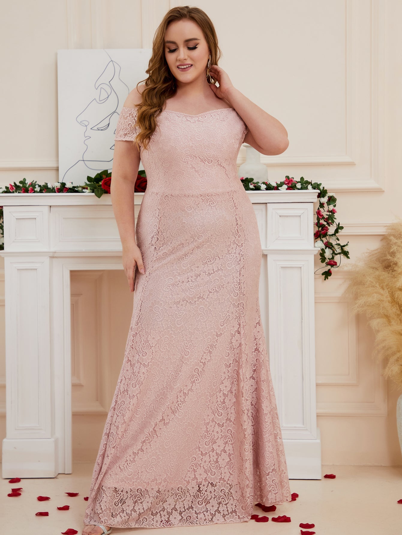 Plus Size Off the Shouler Maxi Formal Evening Evening Party Prom Gown Ladies Floor Length Wedding Guest Bridesmaid Curve, Pink, 4XL