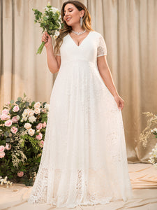 Women Plus Size Long Formal Evening Dresses for Wedding V-neck Short Sleeve A-line Hem Floral Lace Eleganet Bridal Shower Honeymoon Gowns, White
