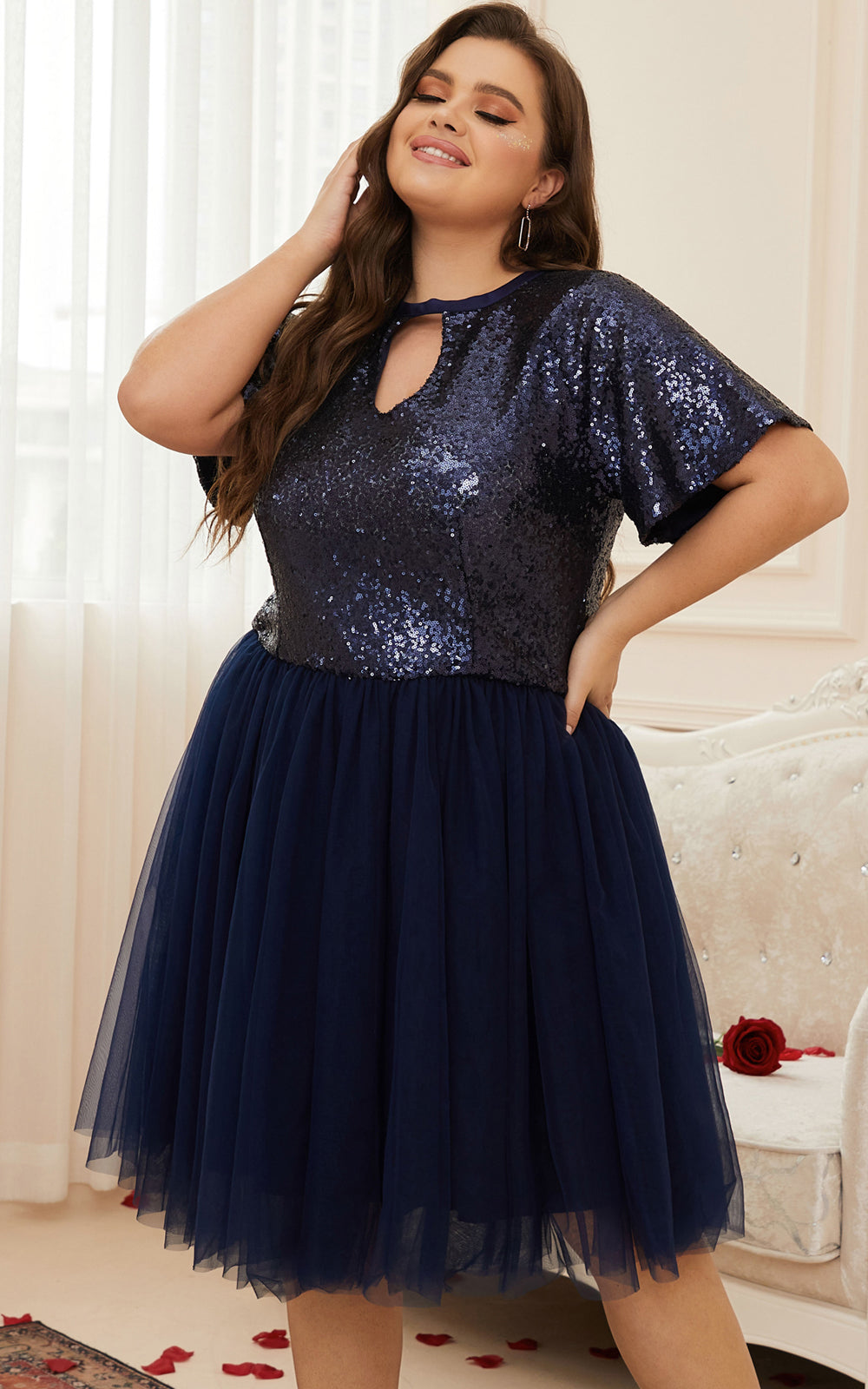 Plus Size Fashion Women Short Cocktail Party Dresses Short Prom Gowns Sequins Tulle Glitter Sexy Homecoming Knee Length for Wedding Guest, Navy Blue, 0XL