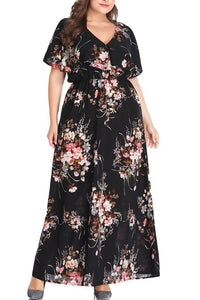 Women Black V-neck Floral Print Plus Size Maxi Dresses Evening Mother Dress Formal Party Cocktail Bridesmaid Mother of Bride Semi-Formal Beach Wedding Little Black Vacation Dress,21532,1X