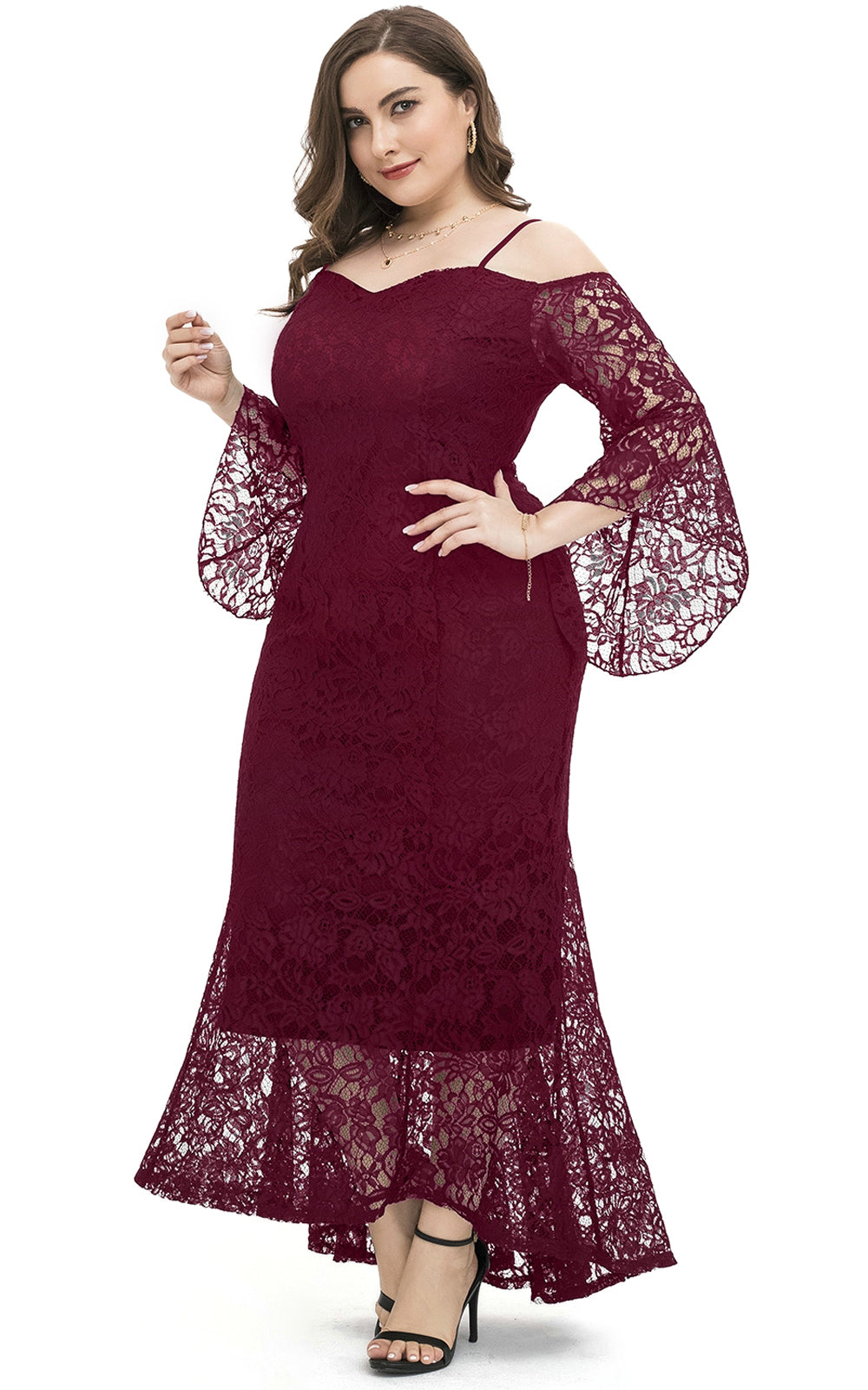 Plus Size Women Maxi Evening Dresses Cold Shoulder Bell Sleeve Lace Overlay Dress