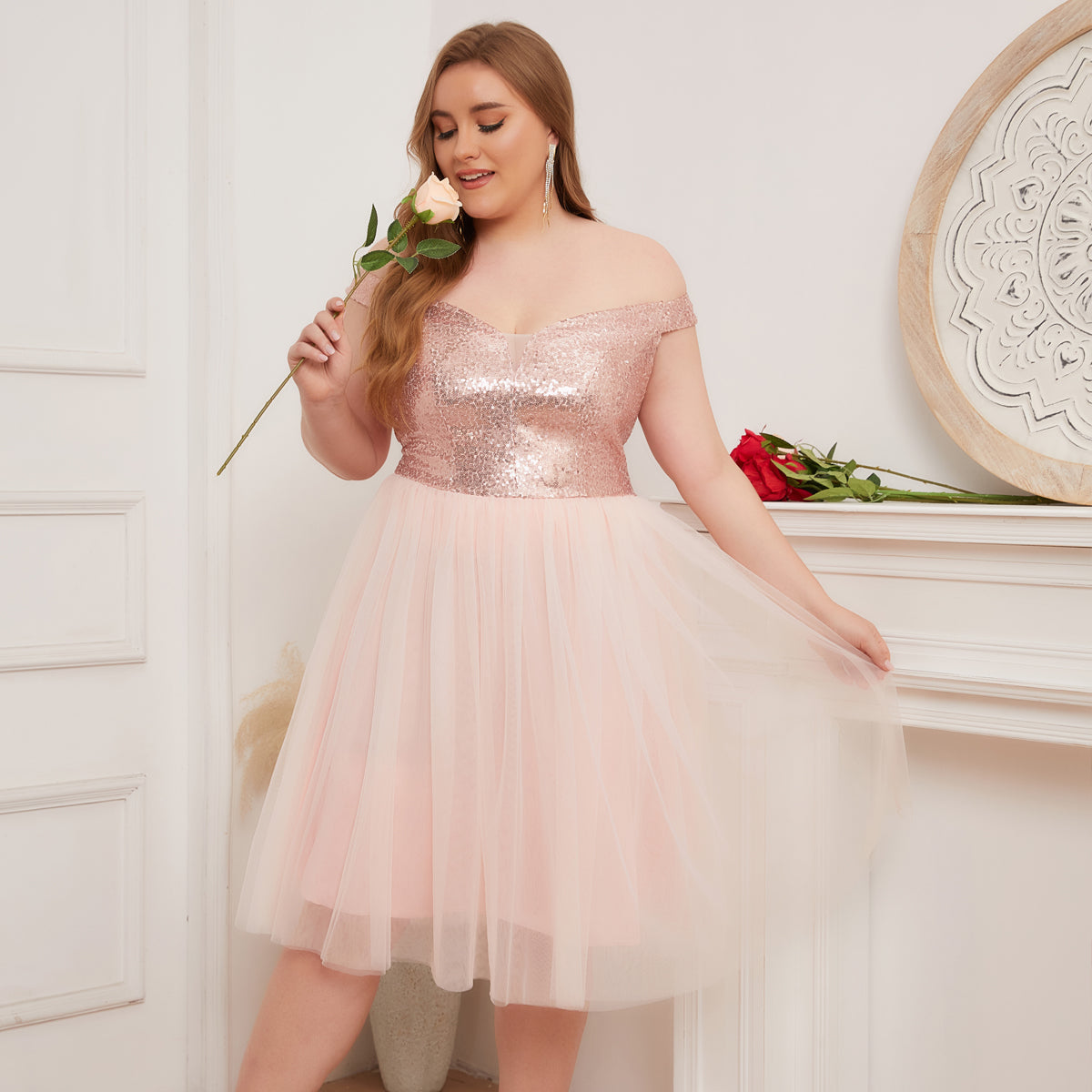 Women Plus Size Off the Shoulder Gold Sequins Tulle Cocktail Party D