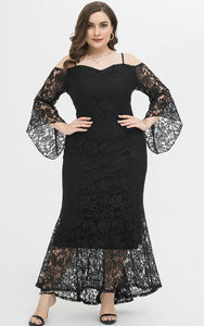 Plus Size Women Maxi Evening Dresses Cold Shoulder Bell Sleeve Lace Overlay Dress
