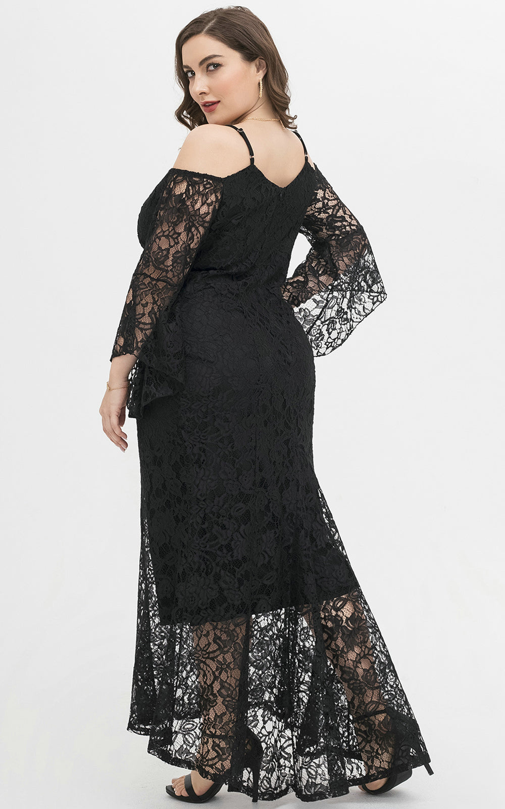 Plus Size Women Maxi Evening Dresses Cold Shoulder Bell Sleeve Lace Overlay Dress