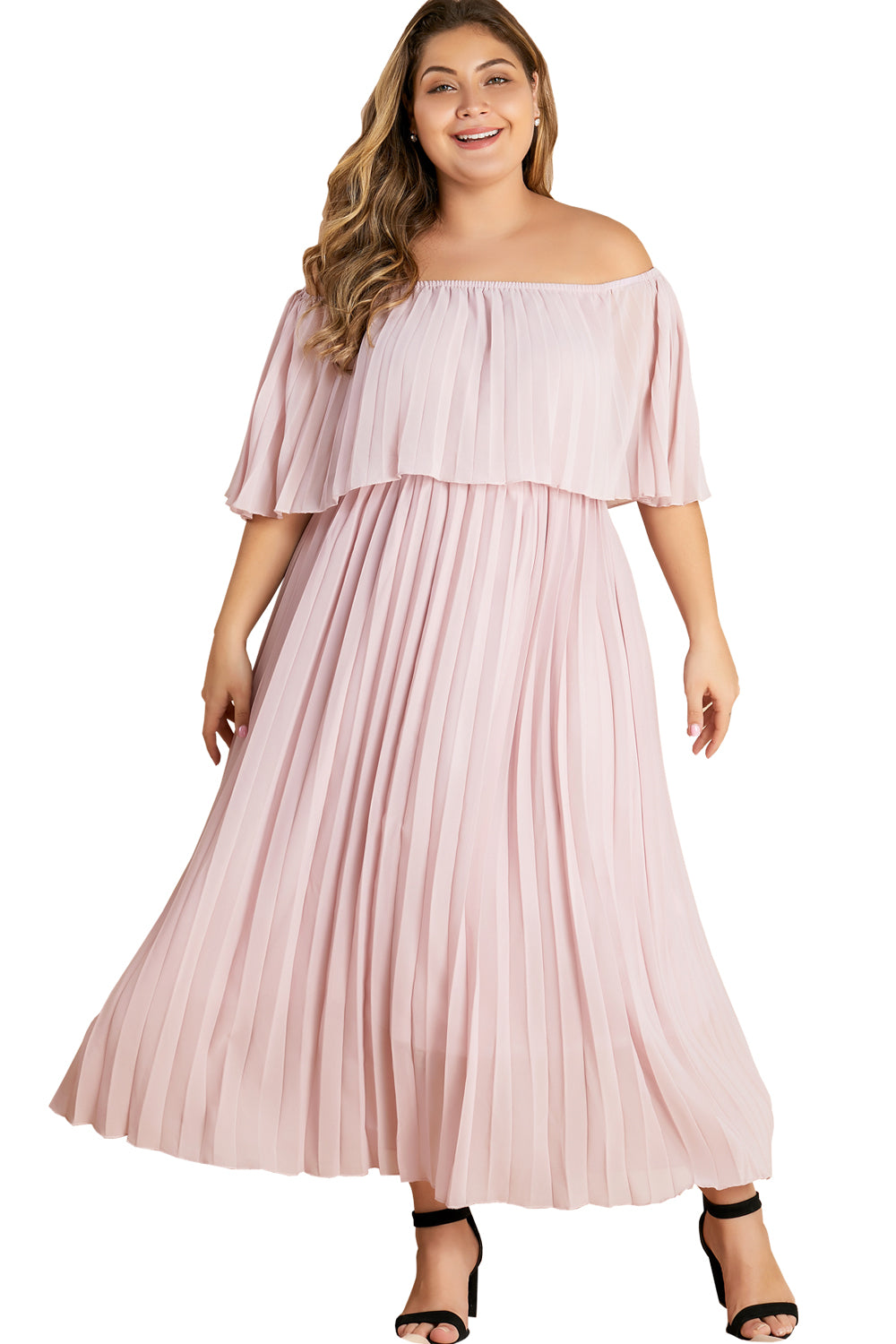 Women Off Shoulder Pleated Elastic Waist Pink Chiffon Plus Size Maxi Dress