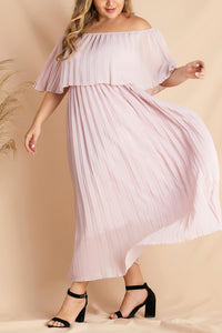 Women Off Shoulder Pleated Elastic Waist Pink Chiffon Plus Size Maxi Dress