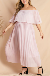 Women Off Shoulder Pleated Elastic Waist Pink Chiffon Plus Size Maxi Dress