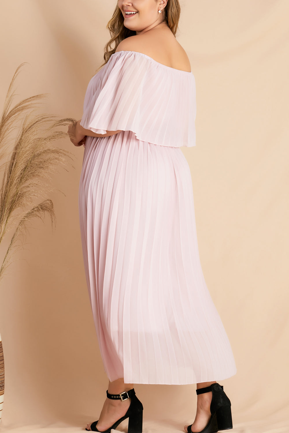 Women Off Shoulder Pleated Elastic Waist Pink Chiffon Plus Size Maxi Dress