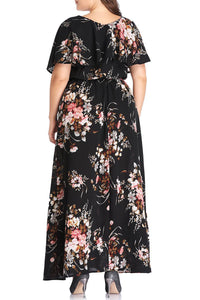 Women Black V-neck Floral Print Plus Size Maxi Dresses Evening Mother Dress
