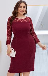 Women Plus Size Floral Lace Long Sleeve Knee Length Cocktail Party Dresses